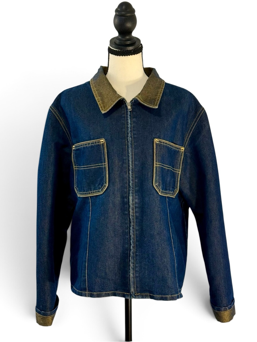 Vintage Baccini Women’s 18 Dark Wash Denim Full Zip Jacket Contrast Stitching